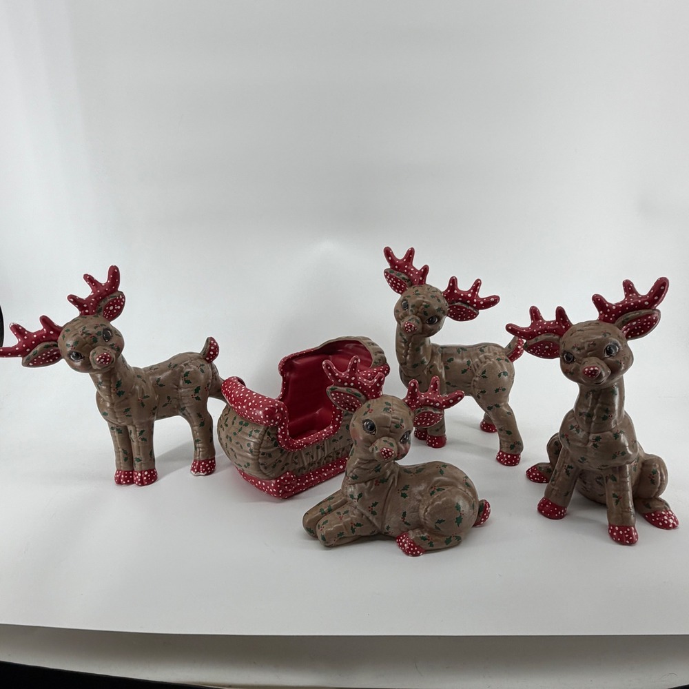 Vintage Ceramic Reindeer and Sleigh Set 5 Piece Holly Polka Dot Christmas Decor
